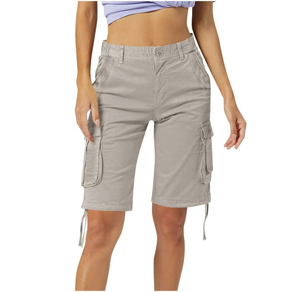 Zedker Hiking Shorts for Women Flap Pocket Bermuda Cargo 2025 Trendy Elastic High Waist Beige Plus Size