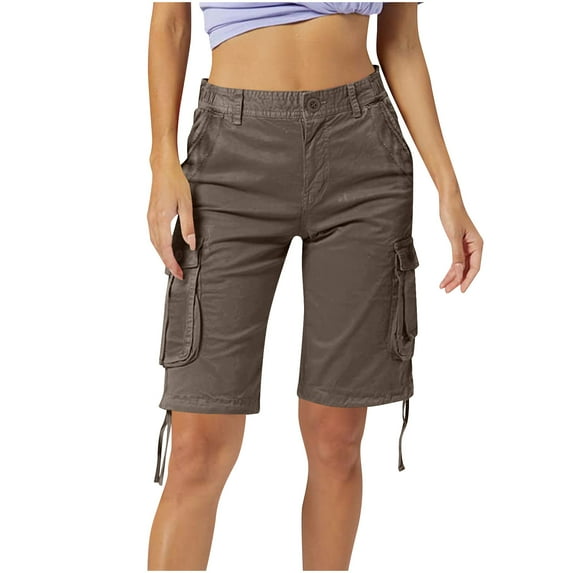 Zedker Hiking Shorts for Women Flap Pocket Bermuda Cargo 2025 Trendy Elastic High Waist Coffee Plus Size