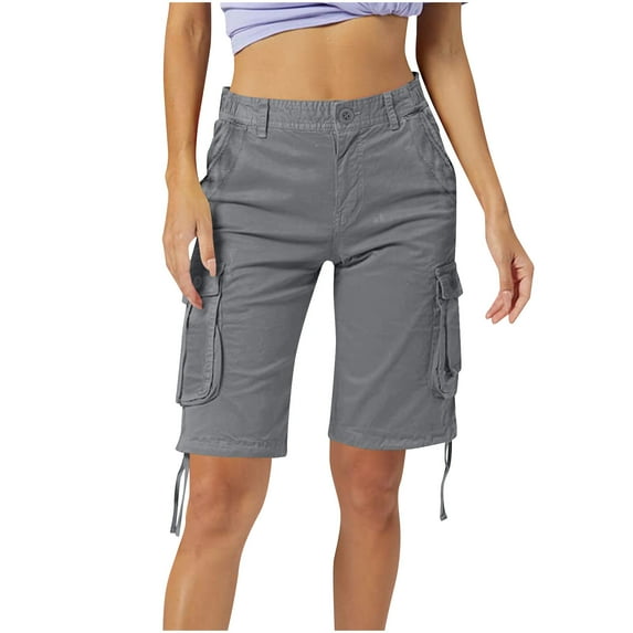 Zedker Hiking Shorts for Women Flap Pocket Bermuda Cargo 2025 Trendy Elastic High Waist Gray Plus Size