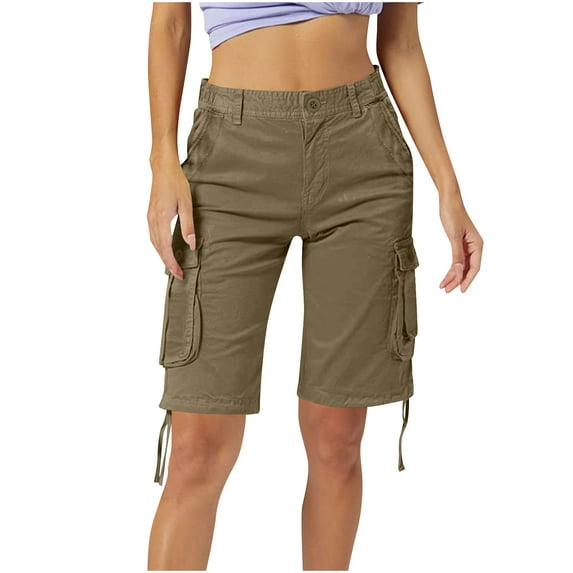Zedker Hiking Shorts for Women Flap Pocket Bermuda Cargo 2025 Trendy Elastic High Waist Yellow Plus Size