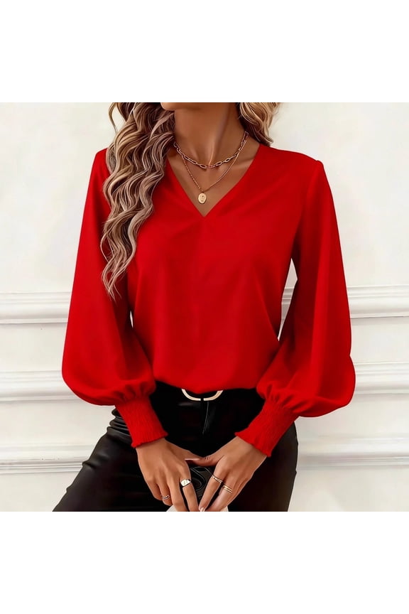 Holiday Shirts for Women Casual V-Neck Long Sleeve Puffed Sleeves Pullover Loose Breathable Going Out Tops,Red,L