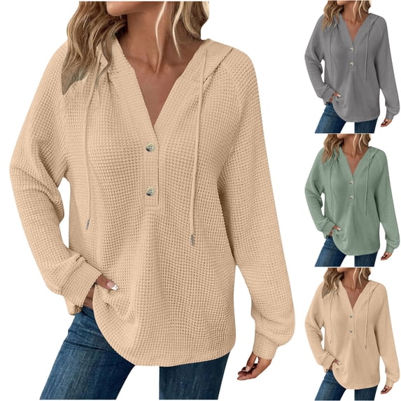 Zedker Hoodies for Women Waffle Knit Long Sleeve Drawstring Button V Neck Casual Pullover Sweatshirt Hooded Tops Green XL