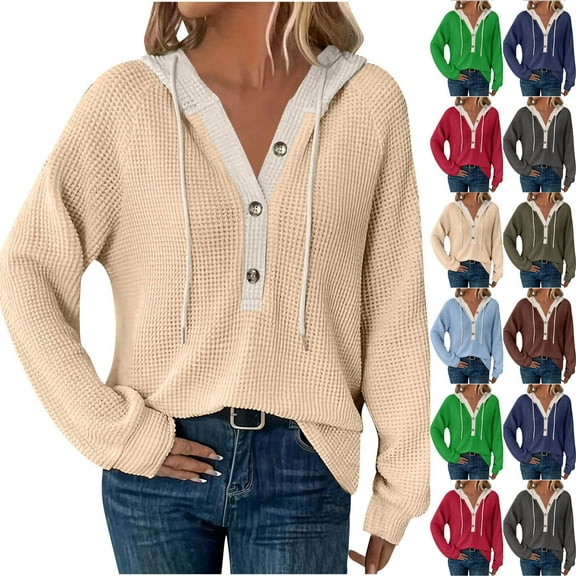 Zedker Hoodies for Women Waffle Knit Long Sleeve Drawstring Button V Neck Casual Pullover Sweatshirt Hooded Tops