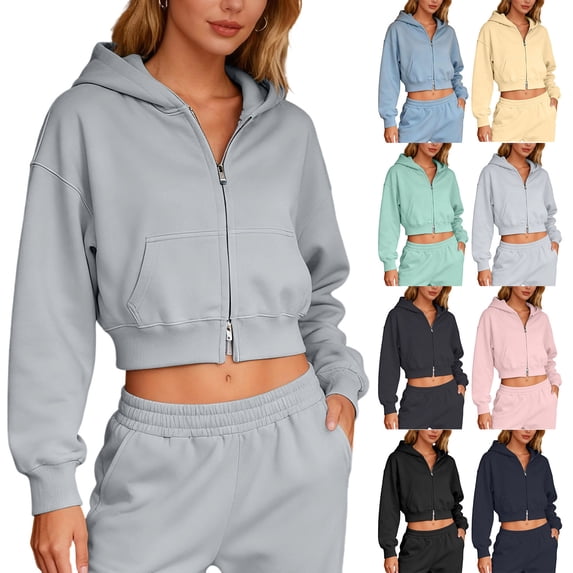 Zedker Hoodies for Women with Fleece Lining Full Zip Sweatshirt Cropped Jackets Long Sleeve Hooded Coat Black L