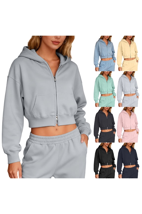 Hoodies for Women with Fleece Lining Full Zip Sweatshirt Cropped Jackets Long Sleeve Hooded Coat Gray M
