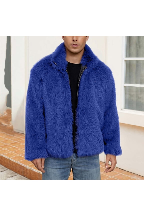Jackets for Mens Faux Fur Coat Winter Zip Up Warm Coats Long Sleeve Fluffy Furry Jacket Outwear Blue M
