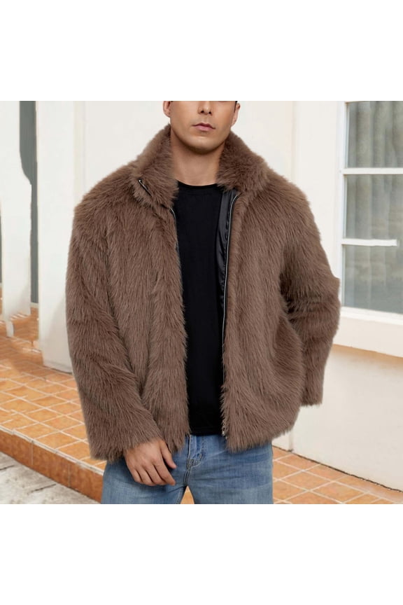 Jackets for Mens Faux Fur Coat Winter Zip Up Warm Coats Long Sleeve Fluffy Furry Jacket Outwear Brown M