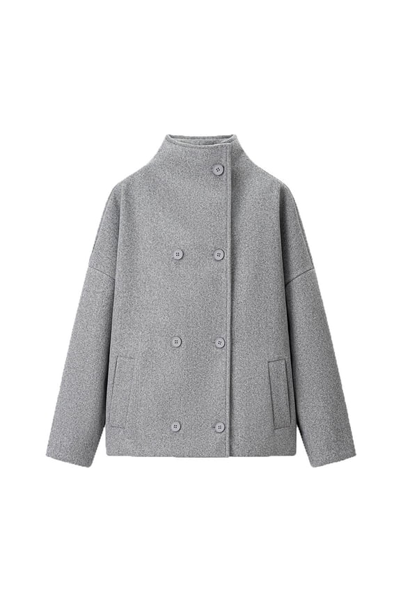 Jackets for Women Double-Breasted Convertible Turtleneck Jacket Casual Long Sleeve Coat,Plus Size GrayL