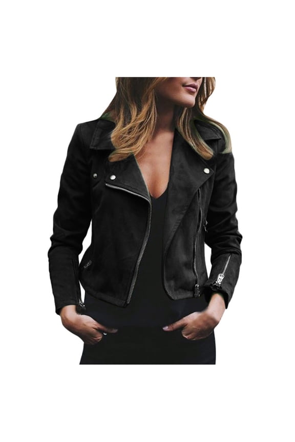 Zedker Jackets for Women Fall 2025 Fashion Faux Suede Leather Casual Moto Biker Soft Coat, Plus Size Black M
