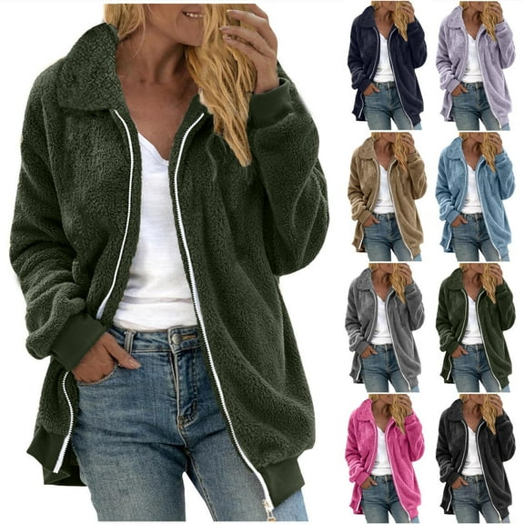 Zedker Jackets for Women Fleece Lined with Hood Winter Coats Casual Outerwear Full Zip Hoodie Sherpa Cozy Warm Hooded Sweatshirt Blue XXL