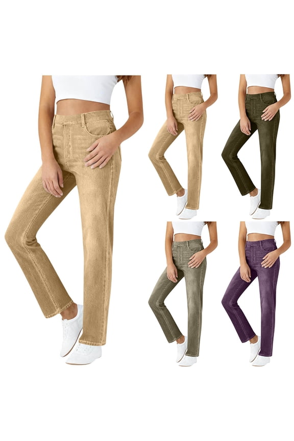 Jeans for Women Straight Leg Womens Classic Jean High Waisted Pull on Stretchy Baggy Denim Pants with Pockets