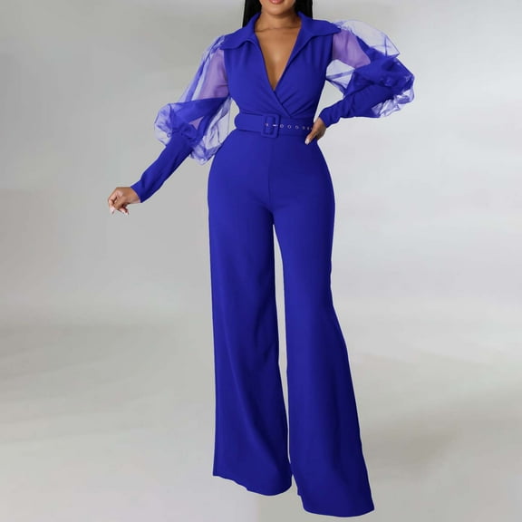 Zedker Jumpsuits for Women Formal Elegant Long Straight Pants Business Party with Belt PocketsBlue Plus L