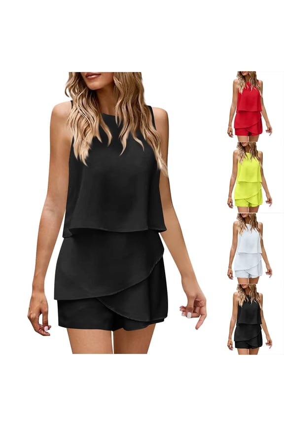 Jumpsuits for Womens 2026 Summer Casual Ruffle Chiffon Sleeveless Rompers Yellow S