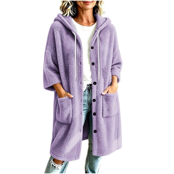 Zedker Long Hooded Fleece Cardigan for Women Button Front Drawstring Hood Patch Pockets Oversized Outerwear Purple Jackets for Women