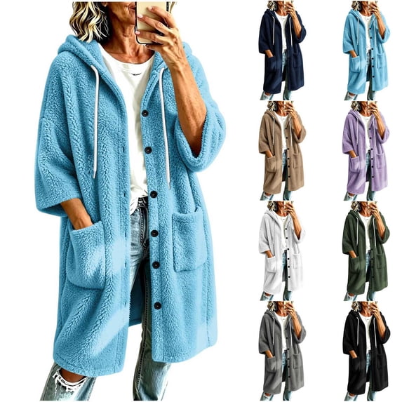 Zedker Long Hooded Fleece Cardigan for Women Button Front Drawstring Hood Patch Pockets Oversized Outerwear Sky Blue Jackets for Women