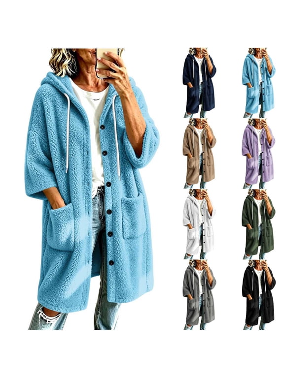 Long Hooded Fleece Cardigan for Women Button Front Drawstring Hood Patch Pockets Oversized Outerwear Sky Blue Jackets for Women