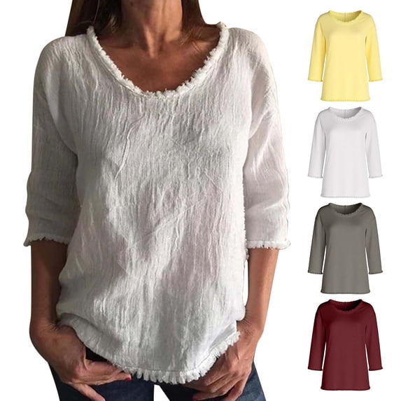 Zedker Long Sleeve Blouse for Women Crew Neck Loose Fit Summer Casual Tops/T-shirt With Fringes Top Gray XXL