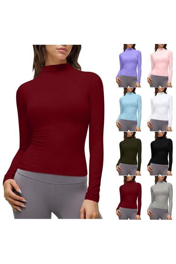 Long Sleeve Shirts for Women Mock Turtle Neck Slim Fit Fall Fashion Tight Tops Basic Tee Winter Blouses Black M