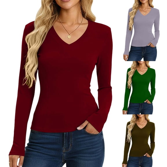 Zedker Long Sleeve Shirts for Women V Neck Ribbed Knit Fitted Fall Basic Tshirts Going Out Tops 2025 Casual Trendy Clothes Green S