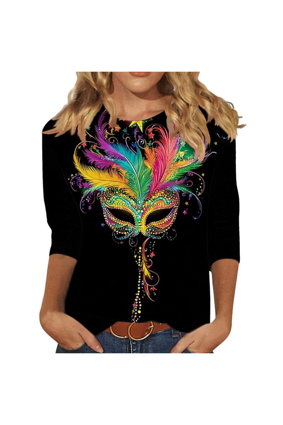 Mar-di Grass Shirts for Women 3/4 sleeve Carnival Tops Mask Graphic Blouse Carnival Themed Tees New Orleans Party Tops