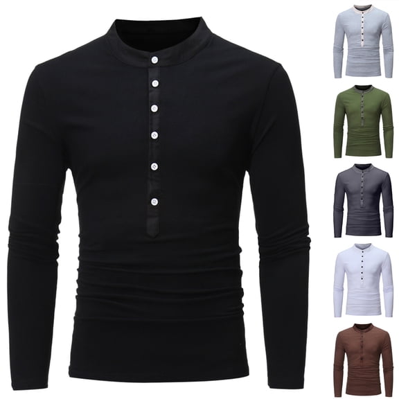 Zedker Men Half Button Down Crew Neck Shirt Regular Fit Solid Color Long Sleeve Tops Casual Lightweight Pullover Shirts