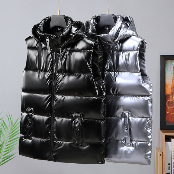 Zedker Men Puffer Jacket Casual Warm Down Cotton Vest Sleeveless Casual Shiny Zip Puffer Jacket Cotton Padded Down Waistcoat Black XXXXXL
