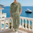thumbnail image 1 of Zedker Men's 2 Piece Set Long Sleeve Casual Fashion Flip Collar Shirts Loose Pants Set Vacation Outfits Summer Beach Set Army Green Plus L, 1 of 9
