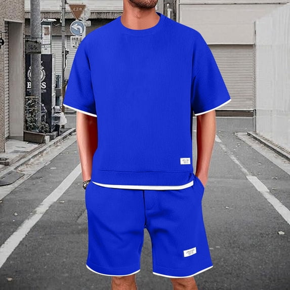 Zedker Men's 2 Piece Summer Short Sets Short Sleeve Crewneck T-Shirt Drawstring Track Shorts With 2 Pockets Oversize OptionBlue Plus M
