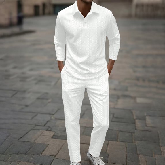 Zedker Men's 2 Piece Tracksuits & Polo Shirts Long Sleeve Lightweigh Casual Jogging Shirt Sports Set White Plus XXXL