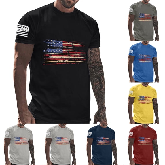 Zedker Men's America Patriotic T Shirt American Flag Fireworks Graphic Tee Independence Day Shirts Yellow M