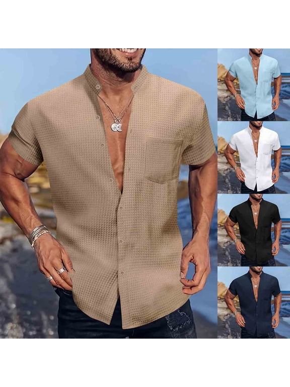 Men's Button Down Waffle Shirt Short Sleeve Banded Collar Loose Fit Cuban Summer Beach Plain Tops Hawaiian Shirts with Pocket