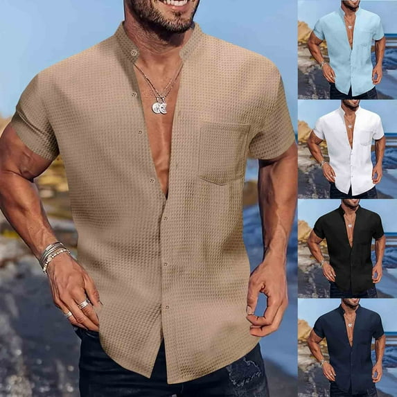 Zedker Men's Button Down Waffle Shirt Short Sleeve Banded Collar Loose Fit Cuban Summer Beach Plain Tops Hawaiian Shirts with Pocket