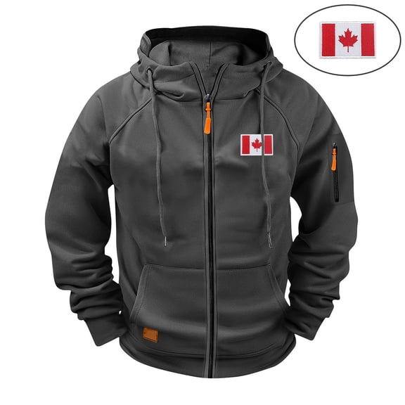 Zedker Men's Canadian Embroidered Workwear Hoodie Sweatshirt Multi-Pocket Zip Up Raglan Sleeve Jacket Dark Gray L