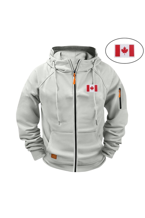 Men's Canadian Embroidered Workwear Hoodie Sweatshirt Multi-Pocket Zip Up Raglan Sleeve Jacket Gray XL
