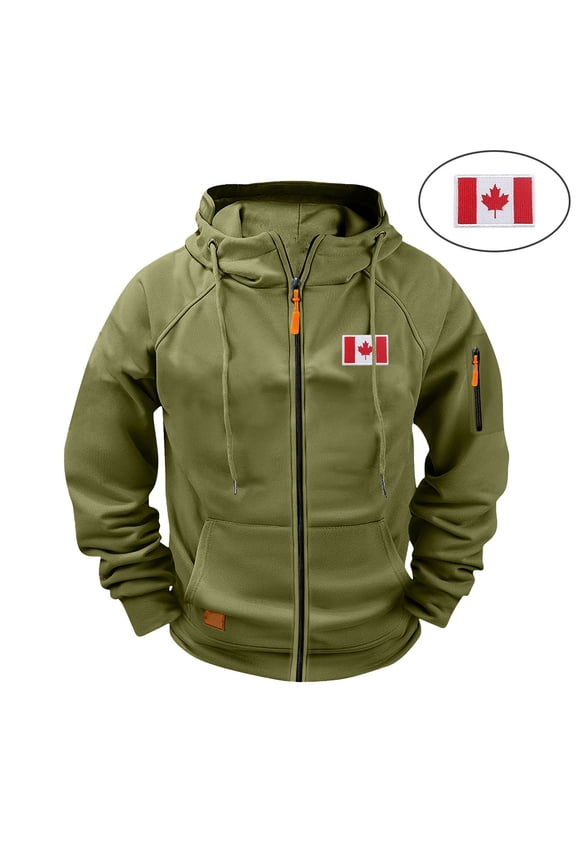 Men's Canadian Embroidered Workwear Hoodie Sweatshirt Multi-Pocket Zip Up Raglan Sleeve Jacket Green XXXXL