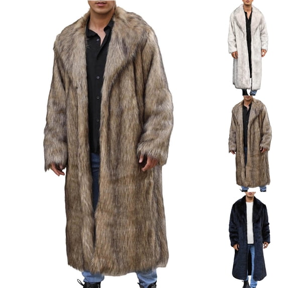Zedker Men's Cardigan Faux Fur Coat Long Fleece Jacket Mens Winter Lapel Parka Overcoat Warm Open Front Cardigan for Men Black L