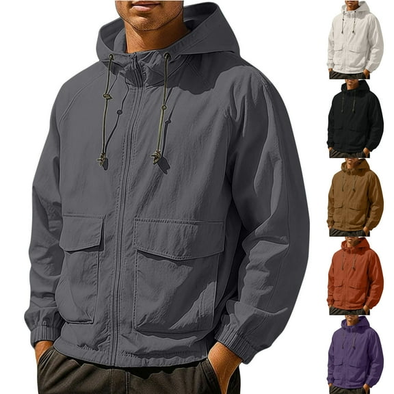 Zedker Men’s Coats Lightweight Hooded Windbreaker Jacket Waterproof Breathable Casual Outdoor Windproof Coat with Utility Pockets Beige XXXL