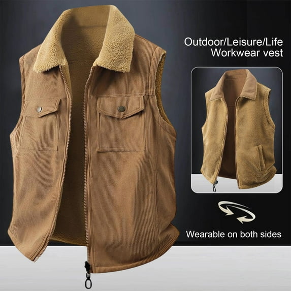 Zedker Men's Corduroy VestVintage Double-Sided Vest Casual Solid Color Sleeveless Fashionable Top Khaki XXXL