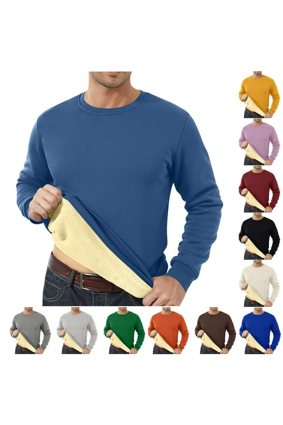 Men's Crewneck Shirts Warm Sherpa Lined Sweatshirts Basic Winter Fleece Thick Pullover Tops