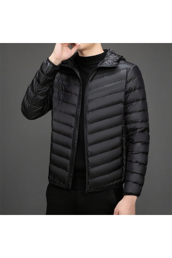 Men's Down Puffer Jacket with Hood Packable Lightweight Puffy Winter Coat Light Thin Jacket with Pockets Black L