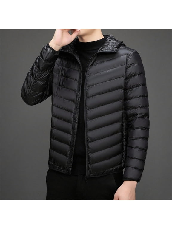 Men's Down Puffer Jacket with Hood Packable Lightweight Puffy Winter Coat Light Thin Jacket with Pockets Black S