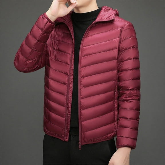 Zedker Men's Down Puffer Jacket with Hood Packable Lightweight Puffy Winter Coat Light Thin Jacket with Pockets Wine L