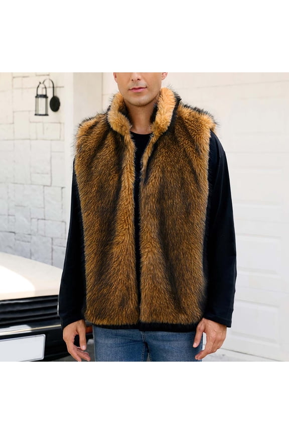 Men's Faux Fur Coat Plush Warm Winter Furry Jacket, Fashionable Fake Fur Jacket for Men Brown L