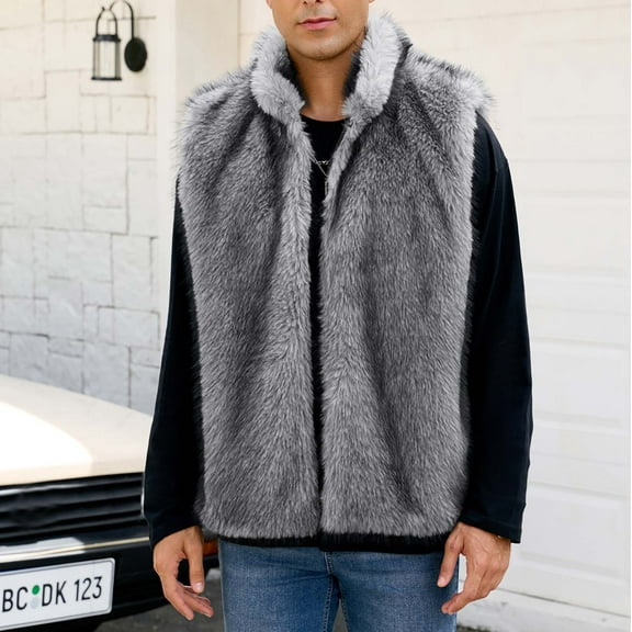 Zedker Men's Faux Fur Coat Plush Warm Winter Furry Jacket, Fashionable Fake Fur Jacket for Men Dark Gray S