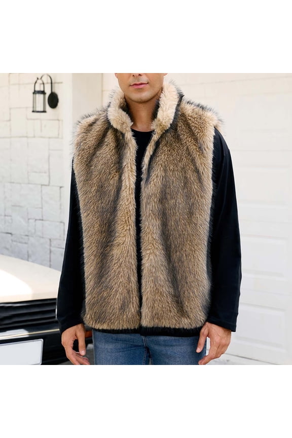 Men's Faux Fur Coat Plush Warm Winter Furry Jacket, Fashionable Fake Fur Jacket for Men Khaki L