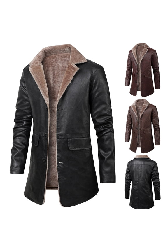 Men's Faux Leather Jacket Thick Faux Fur Shearling Lapel Collar Botton Down Long Trench Winter Coats for Men Red XL