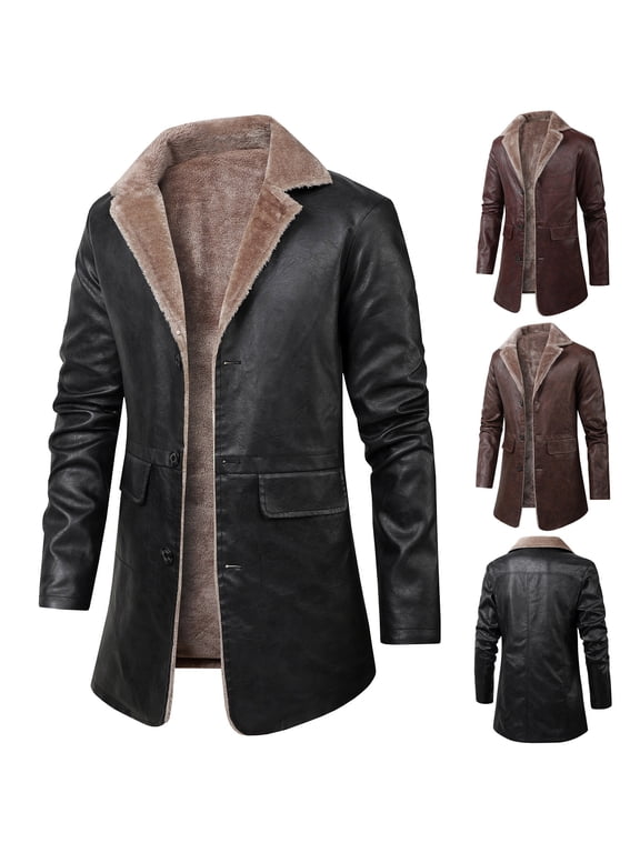 Men's Faux Leather Jacket Thick Faux Fur Shearling Lapel Collar Botton Down Long Trench Winter Coats for Men Red XXXL