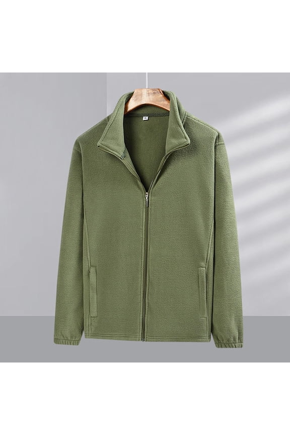 Men's Fleece Jackets Full Zip Up Stand Collar Lightweight Winter Jacket Outdoor Hoodless Casual Soft Warm Coats with Pockets Army Green XXXL
