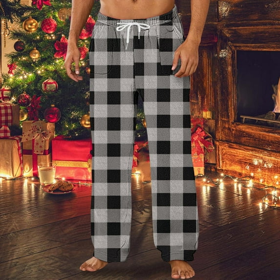 Zedker Men's Fleece Pajama Pants Flannel Plaid Comfy Loose Pants Bottoms Mens PJ Pants,Plus Size Gray XXL