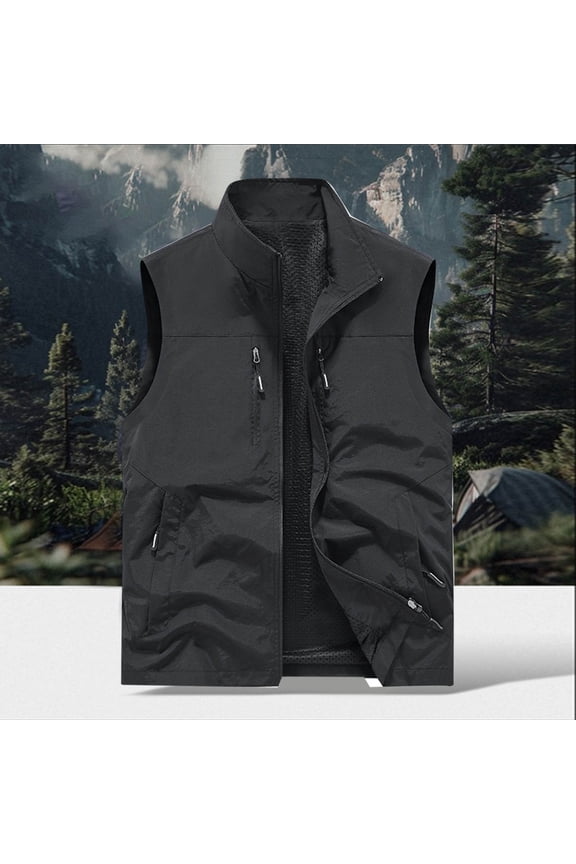 Men's Fleece Vest Lightweight Outerwear Lightweight Full Zip Golf Running Sleeveless Vest for Hiking Travel With Pockets Black XXL